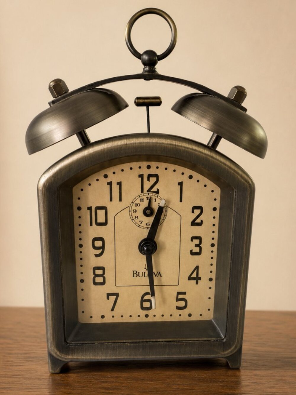 Bulova Holgate Mechanical Twin Bell Alarm Clock B8128 Antique Bronze Vintage